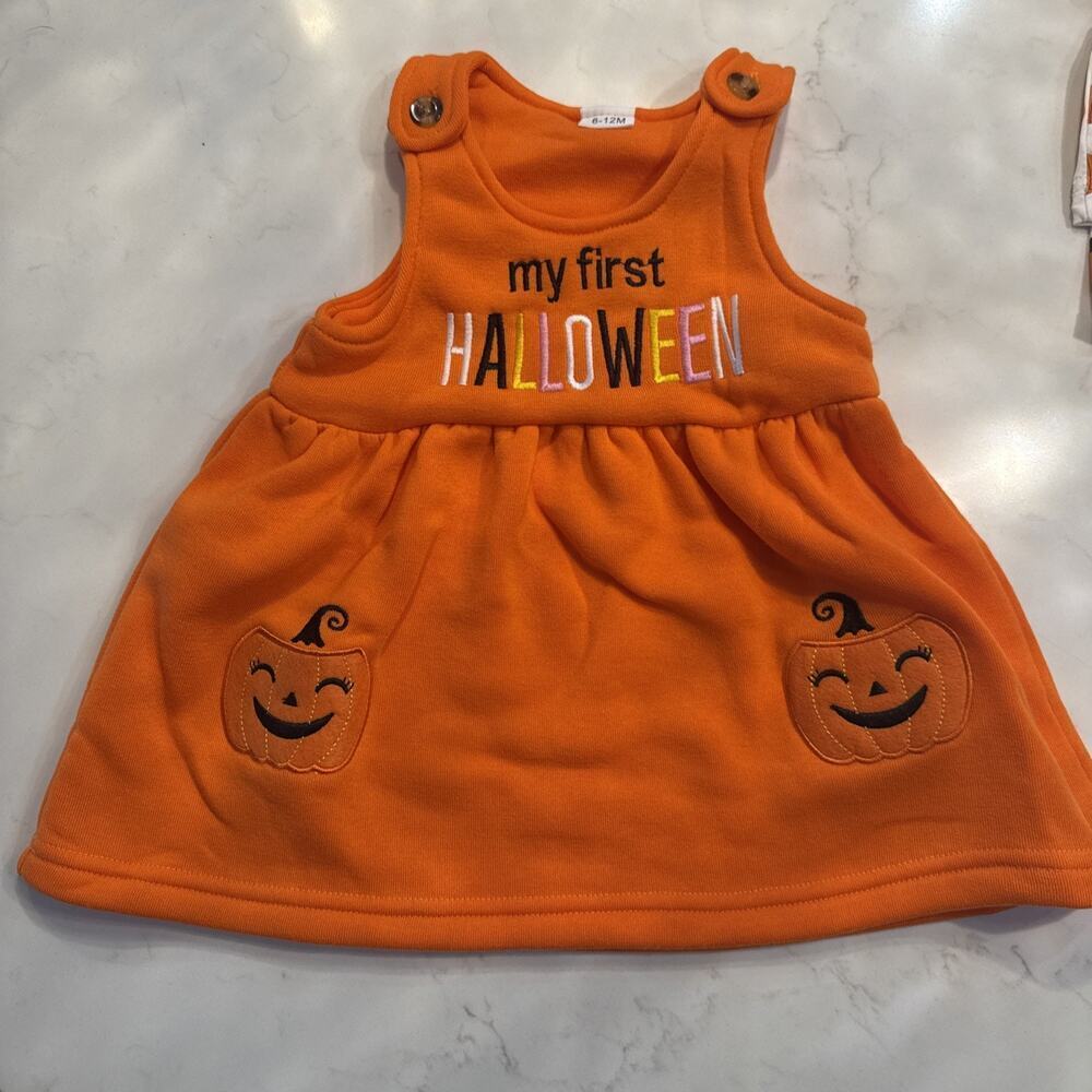 Girls Infant Orange Pumpkin My 1st Halloween Fleece Dress Size 6-12 Months - Picture 4 of 7